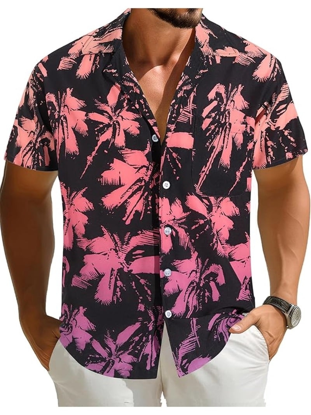 Men's Hawaiian Tropical Vacation Button-Down Shirt, Sz. Large